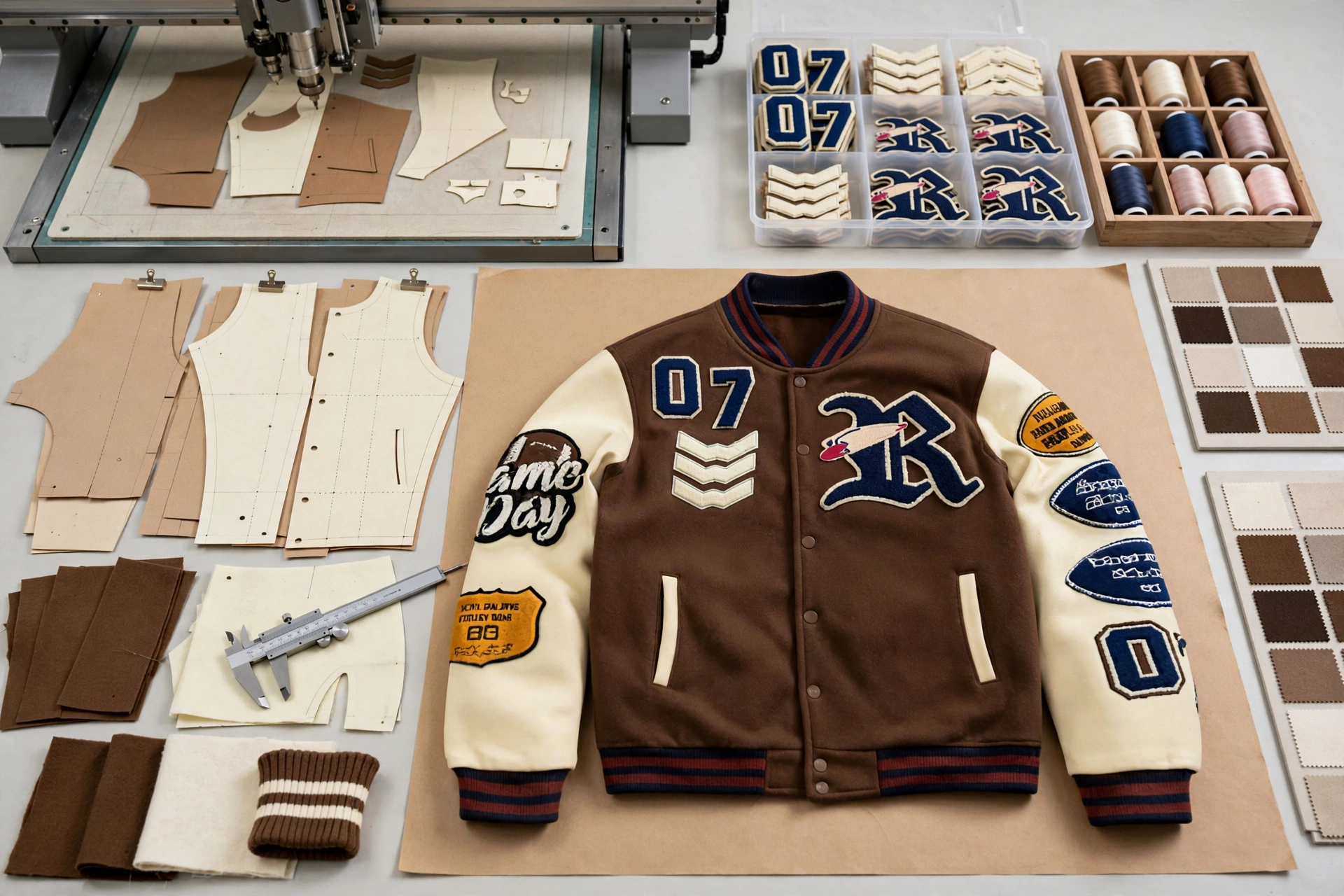 Brown cream 07 varsity jacket with pattern pieces audited against digital tech packs, CNC cutting machine cutting panels, bulk embellishment patches 07 R chevrons organized - in-line cutting and printing verification 1536x1024