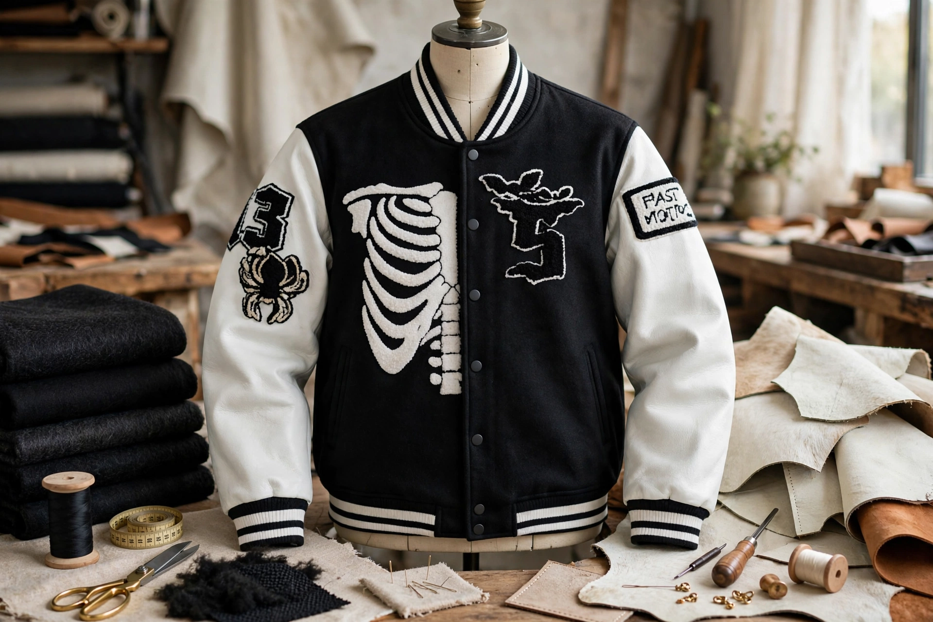 Authentic varsity jacket manufacturing - black wool body with genuine white cowhide leather sleeves, heavyweight ribbed collar, skeleton chenille patches - heirloom-quality letterman jacket on mannequin with wool and leather materials