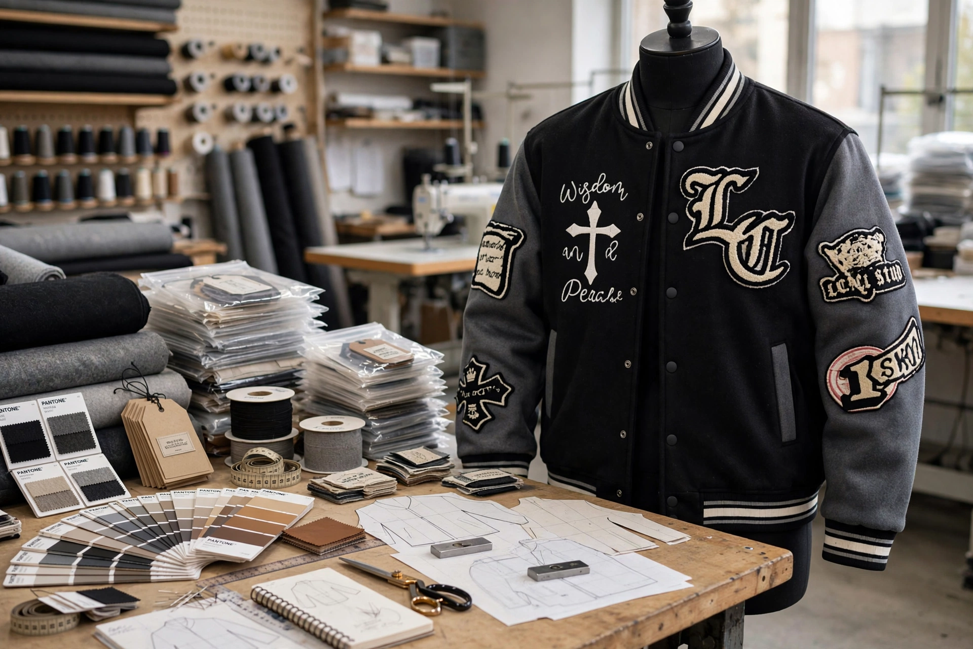 Custom varsity jacket customization options - Wisdom in Paradise black wool varsity with gray sleeves on pattern making table showing Pantone color matching, tech packs, hangtags and woven labels