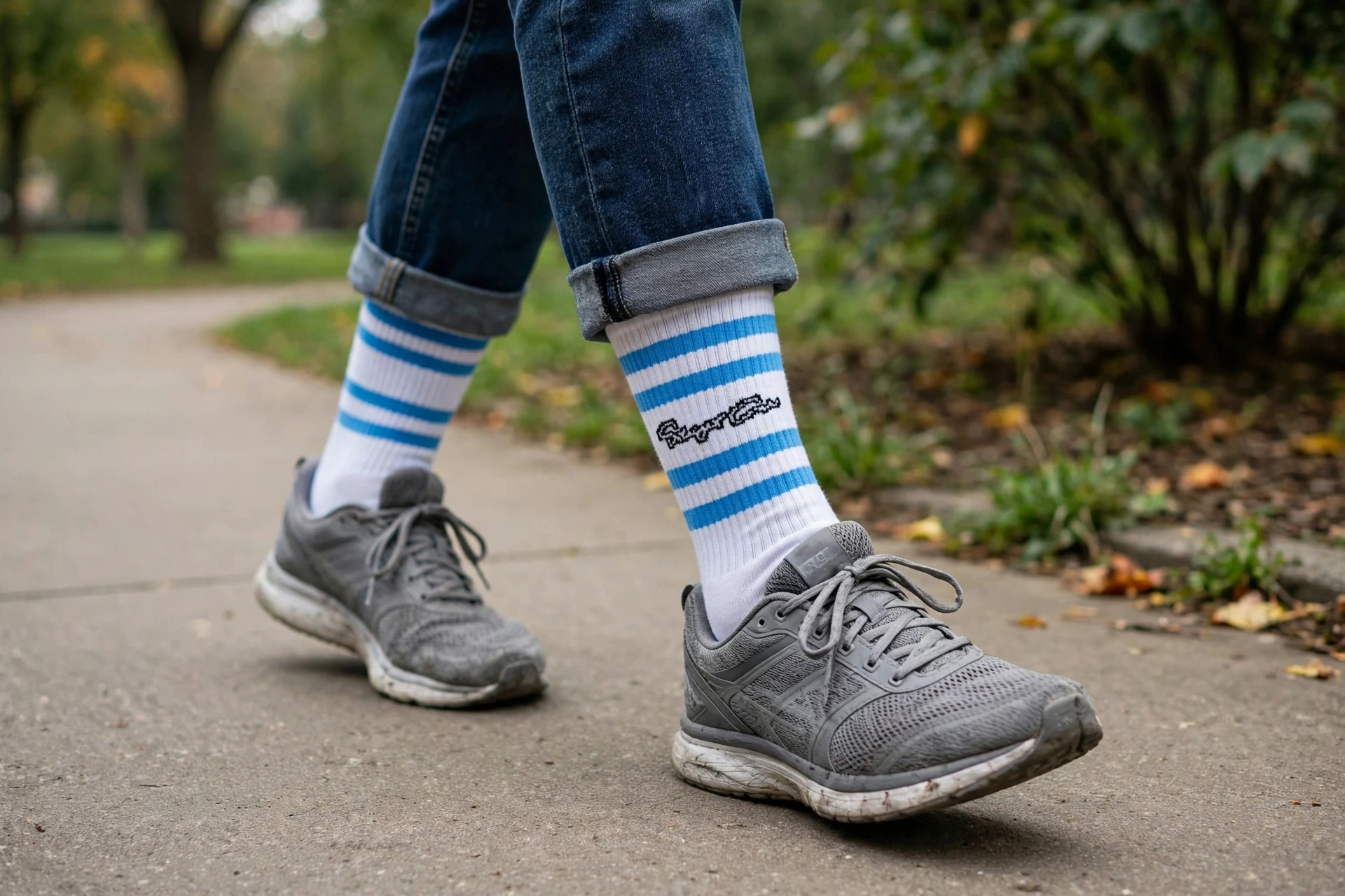 White crew socks with four blue stripes and black logo worn while walking on park path with grey sneakers - high daily utility and visibility everyday essential