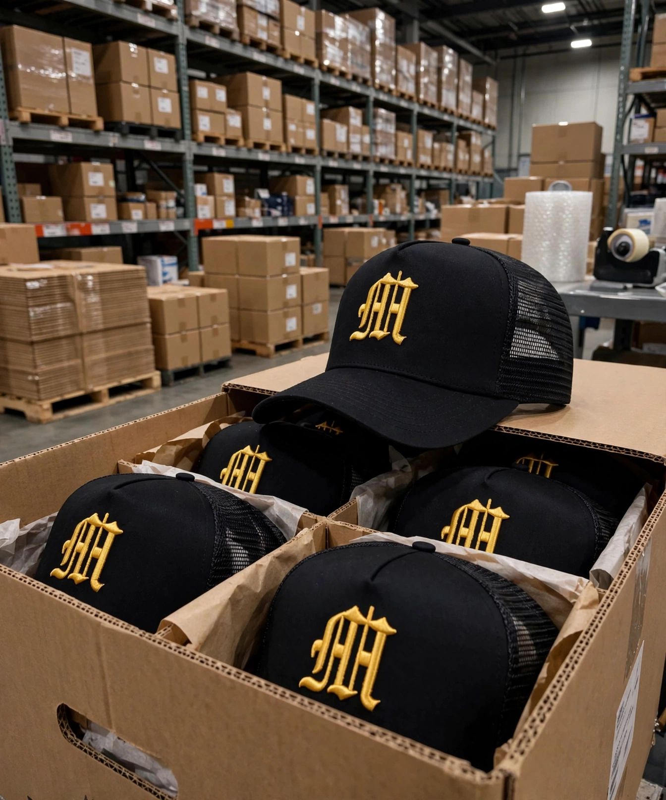 Black trucker hats with gold HH gothic embroidery packed securely in durable master carton box in warehouse ready for global delivery
