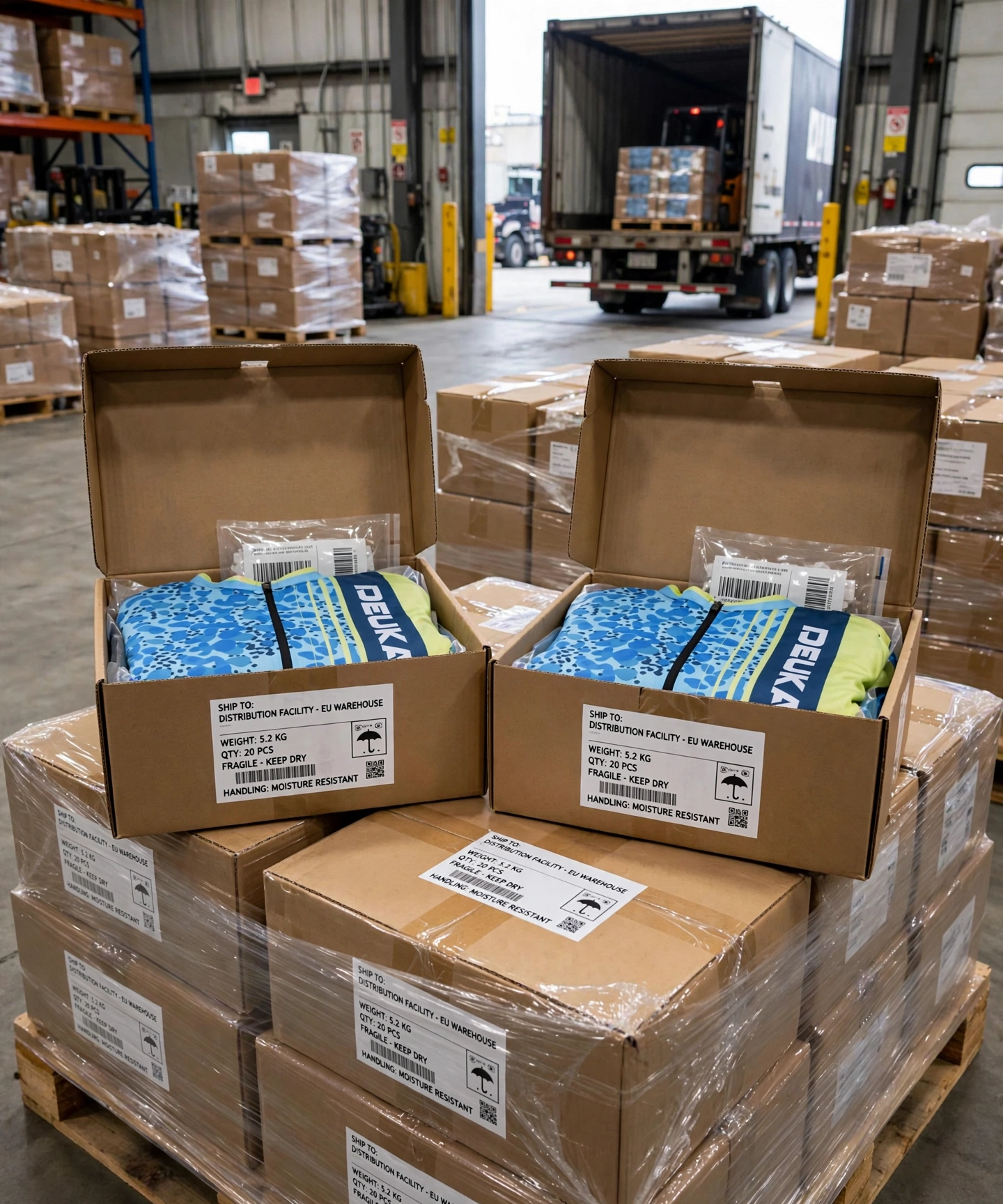 Global logistics finished light blue Deuka Wears jerseys packed moisture resistant cartons shipped via freight carriers
