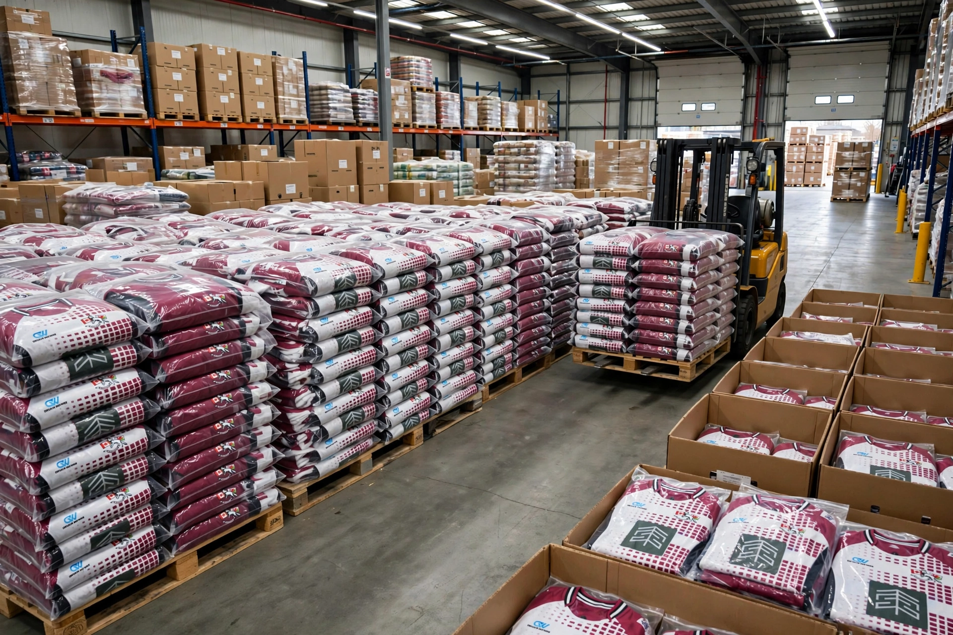 Streamlined sourcing warehouse with bulk maroon white rugby kits for senior and reserve squads from single manufacturing partner