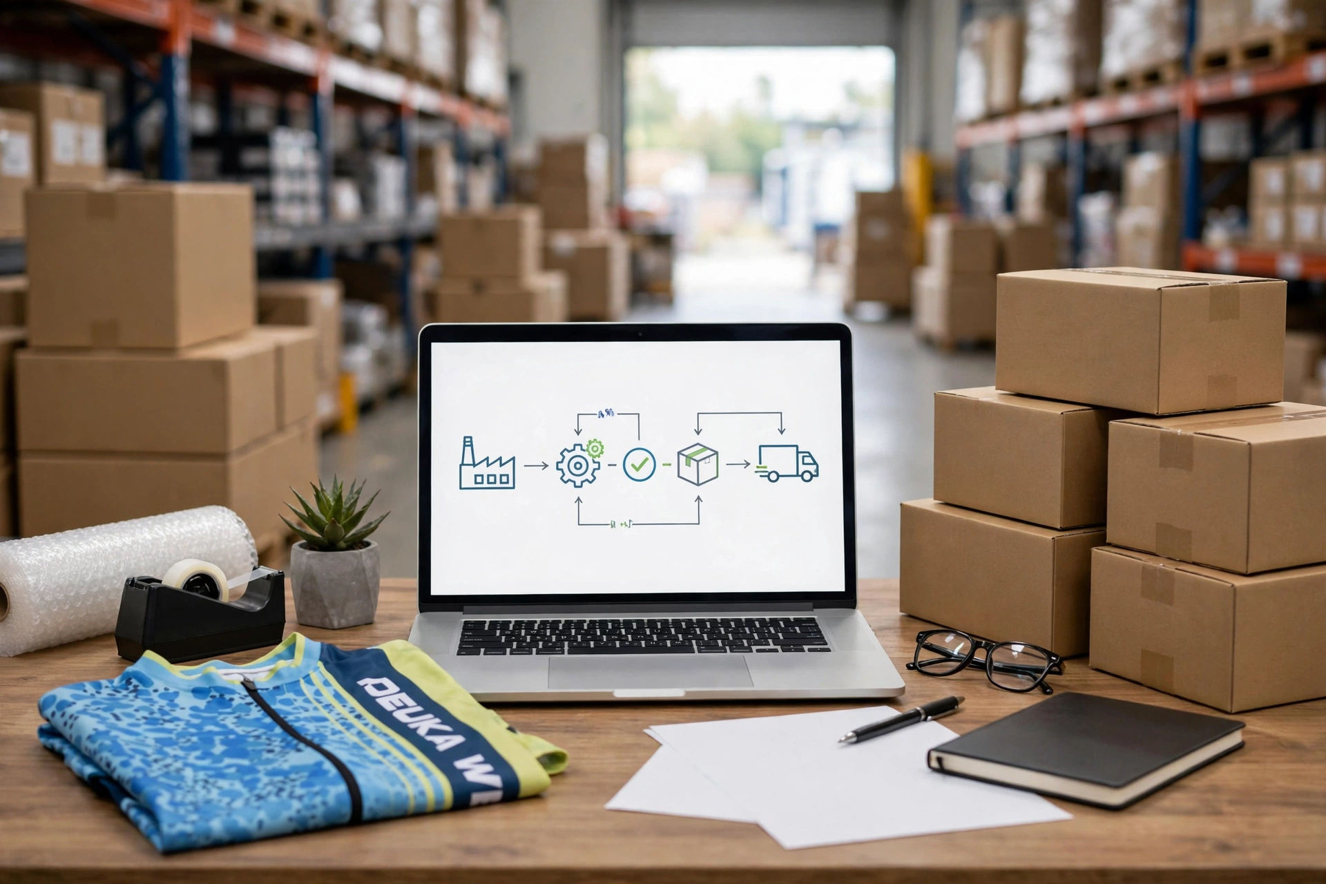 Streamlined sourcing single manufacturing partner for blue cycling apparel reducing communication overhead simplifying logistics uniform delivery timelines