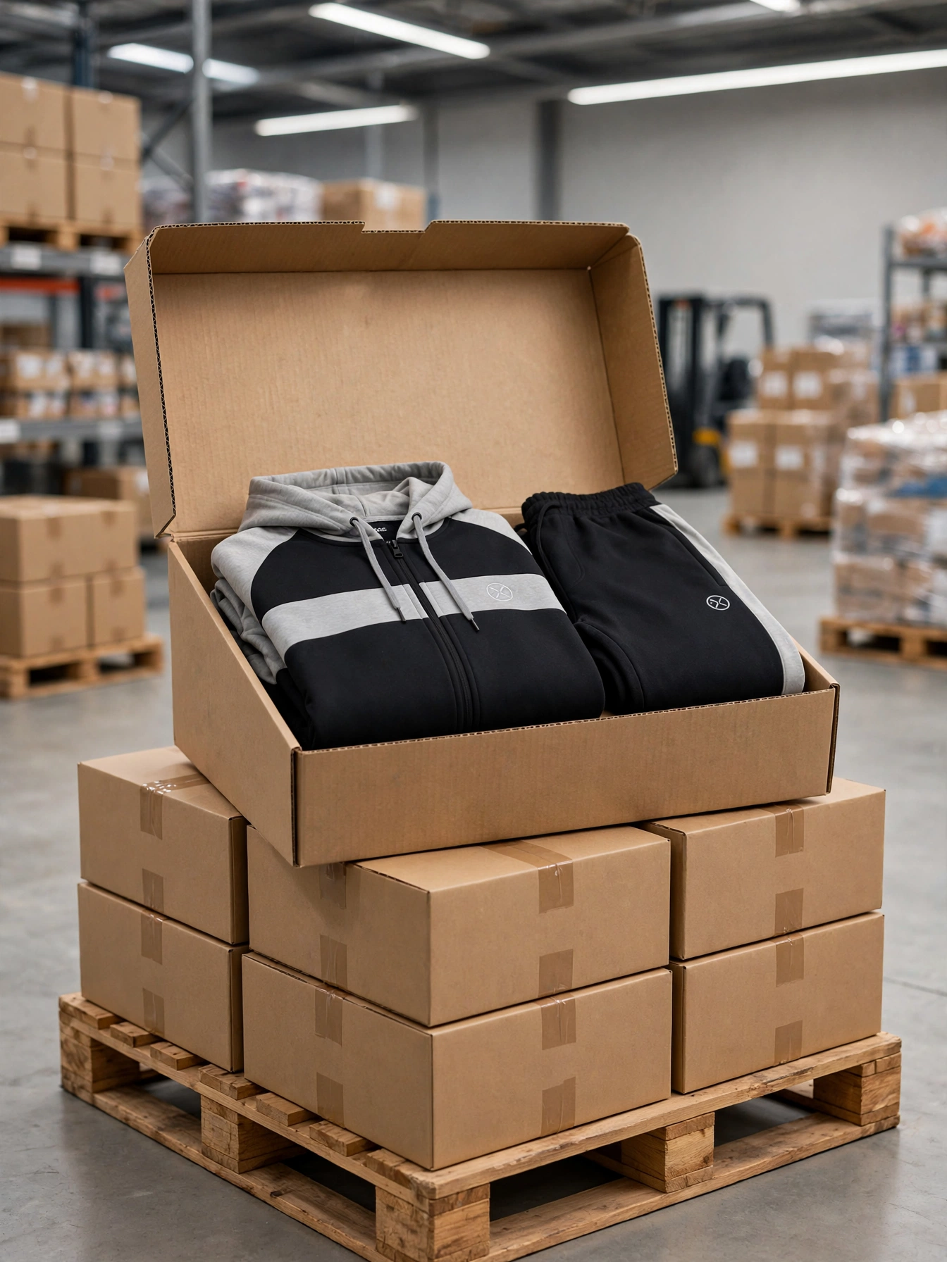 Black and grey color-block hoodie tracksuit neatly folded inside open retail-ready carton on pallet of sealed cartons in fulfillment warehouse