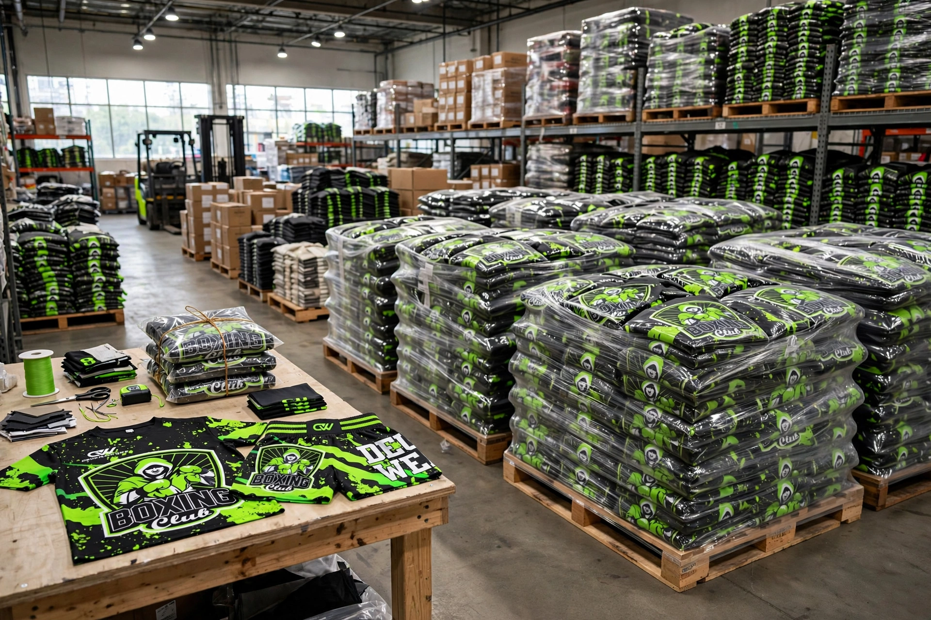 Black neon green Boxing Club t-shirt and shorts set identical to reference displayed on worktable in warehouse with scalable inventory stacks on pallets - controlled inventory scalability flexible manufacturing 1536x1024