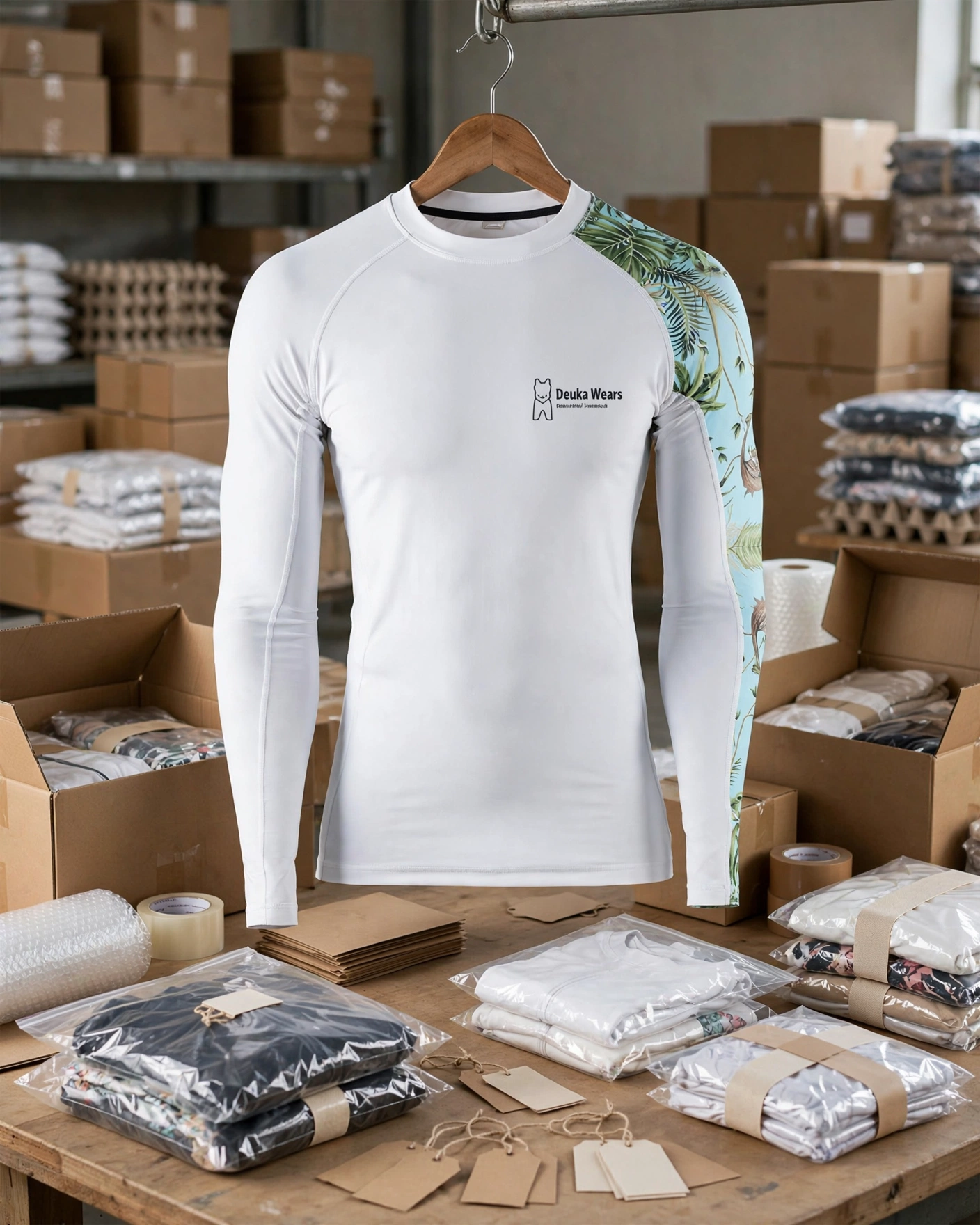 White long-sleeve tropical palm leaf rash guard hanging on wooden hanger in global logistics packing area with poly-bagged sets and master cartons - global logistics shipping