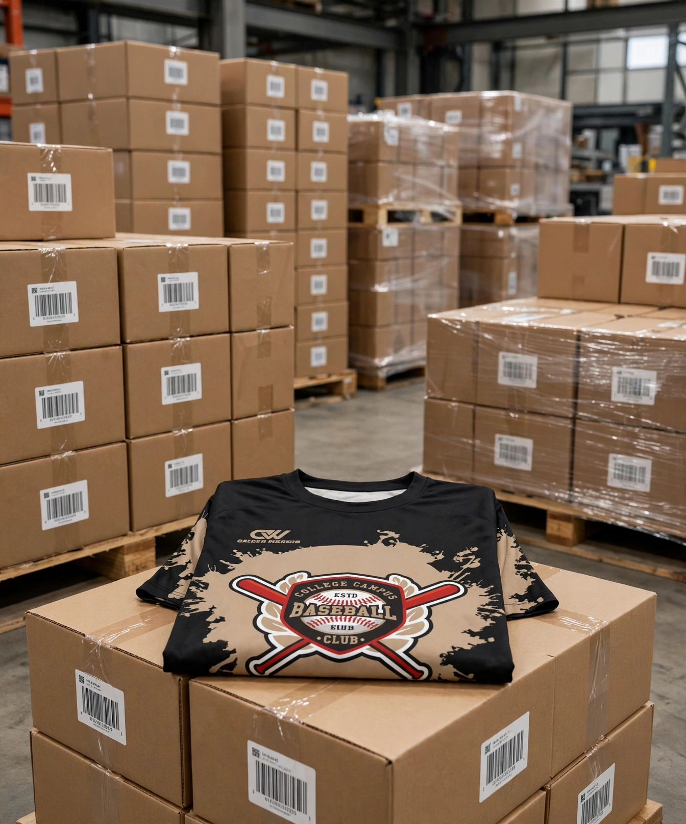 College Campus Baseball Club black beige shirt on master carton stack with durable barcoded cartons pallets shrink wrapped in warehouse - global logistics cartoning 423x509