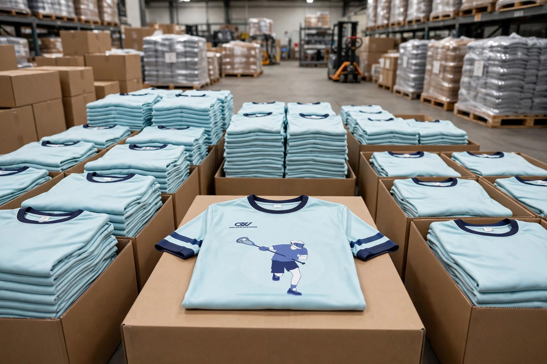 Light aqua LACROSSE t-shirt with navy sleeve stripes on bulk warehouse cartons filled with folded stacked jerseys showing high-volume output economies of scale volume pricing 1536x1024