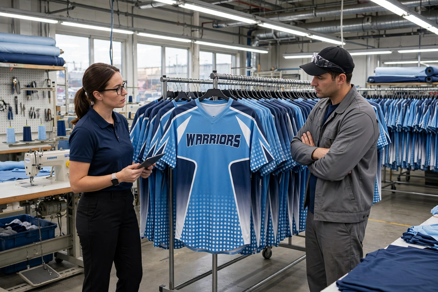 WARRIORS jerseys on rack in factory with account managers reviewing order.