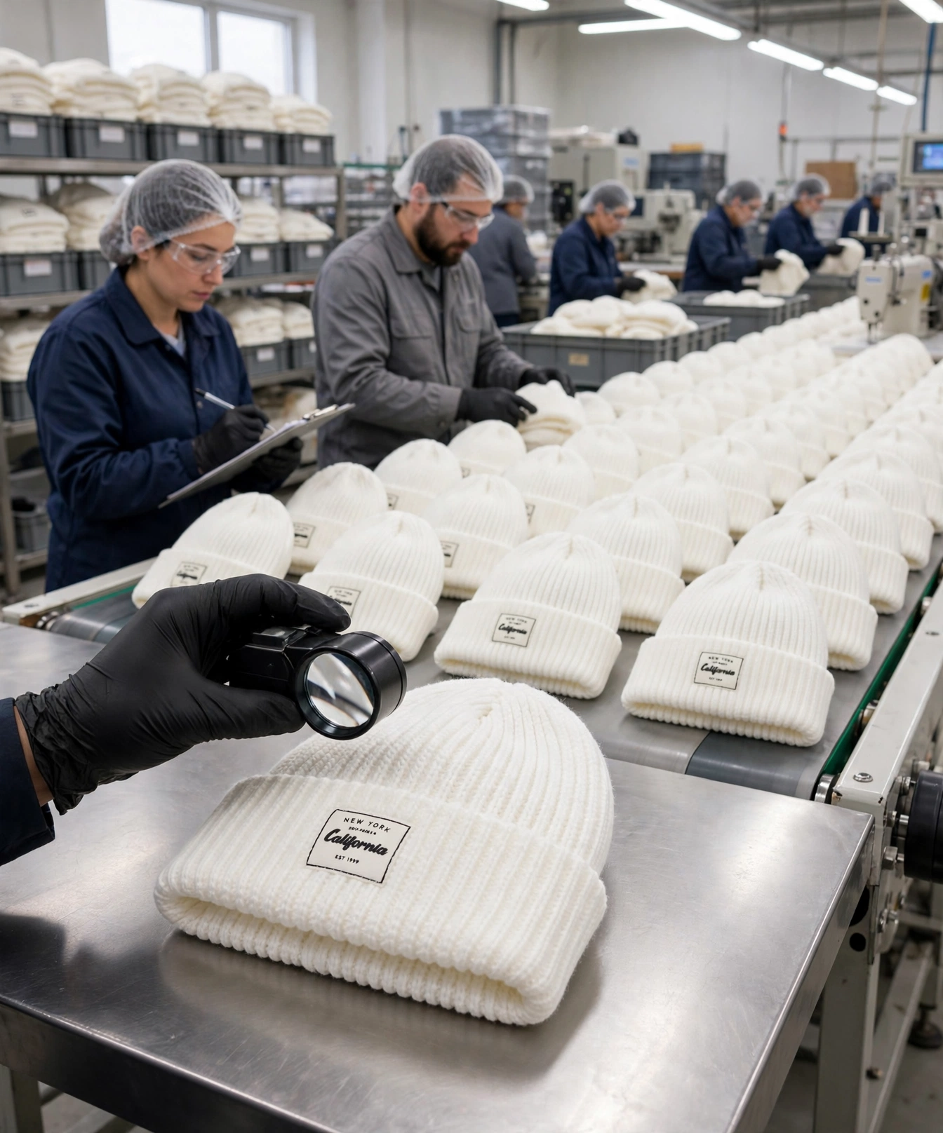 White beanies with California patch on factory conveyor belt under magnifier inspection, workers checking quality control at every stage