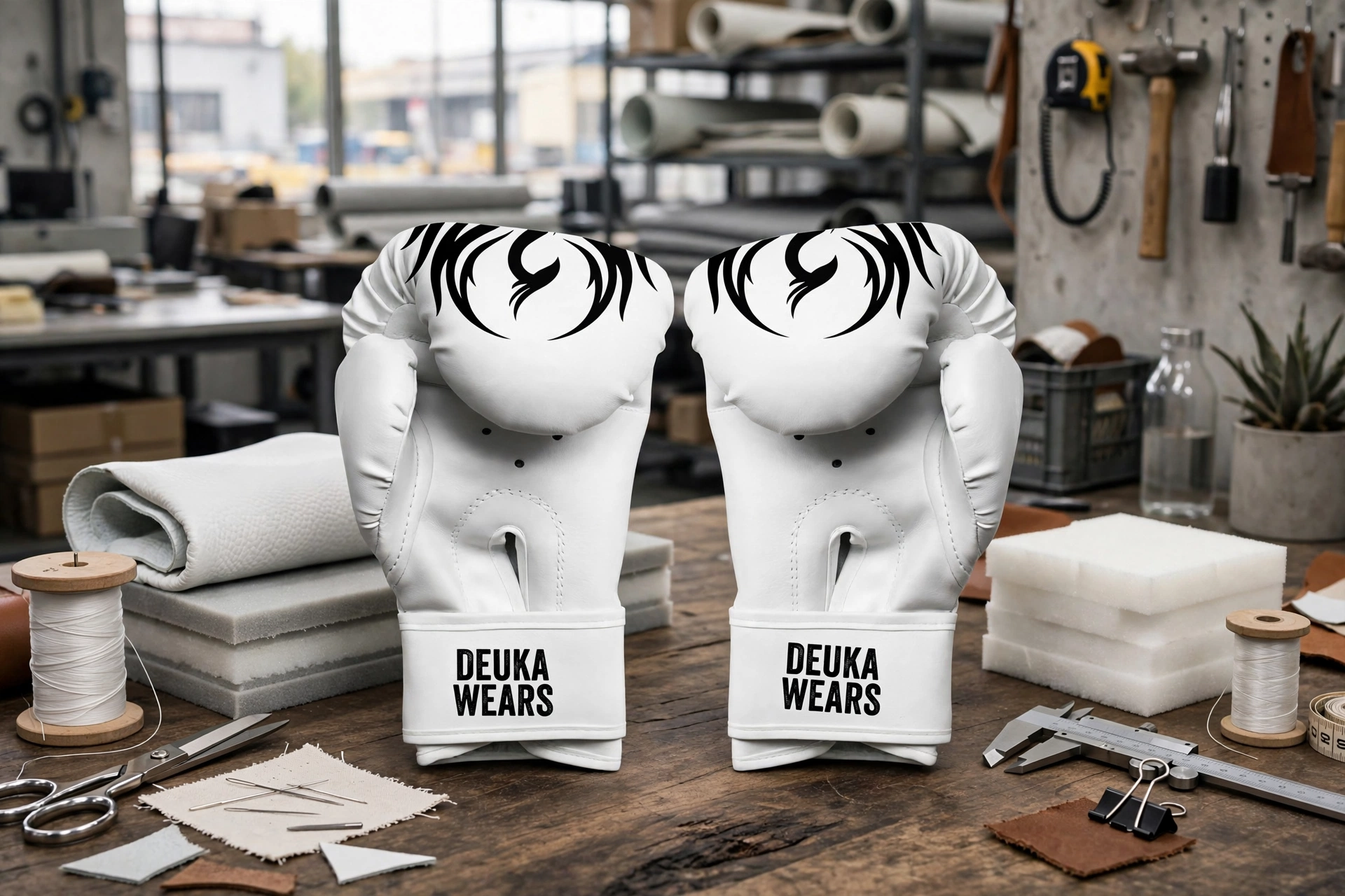 White Deuka Wears boxing gloves with black tribal on factory workbench with leather rolls and EVA foam - strategic advantage direct factory partnership protective gear manufacturing