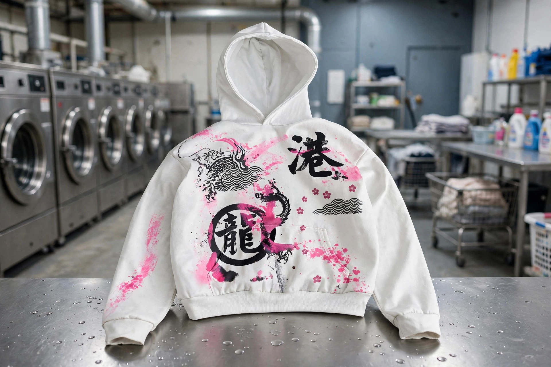White custom sublimation cropped hoodie with pink black dragon kanji graphic on steel table in industrial laundry with washing machines background - permanent graphic durability never crack peel fade 1536x1024