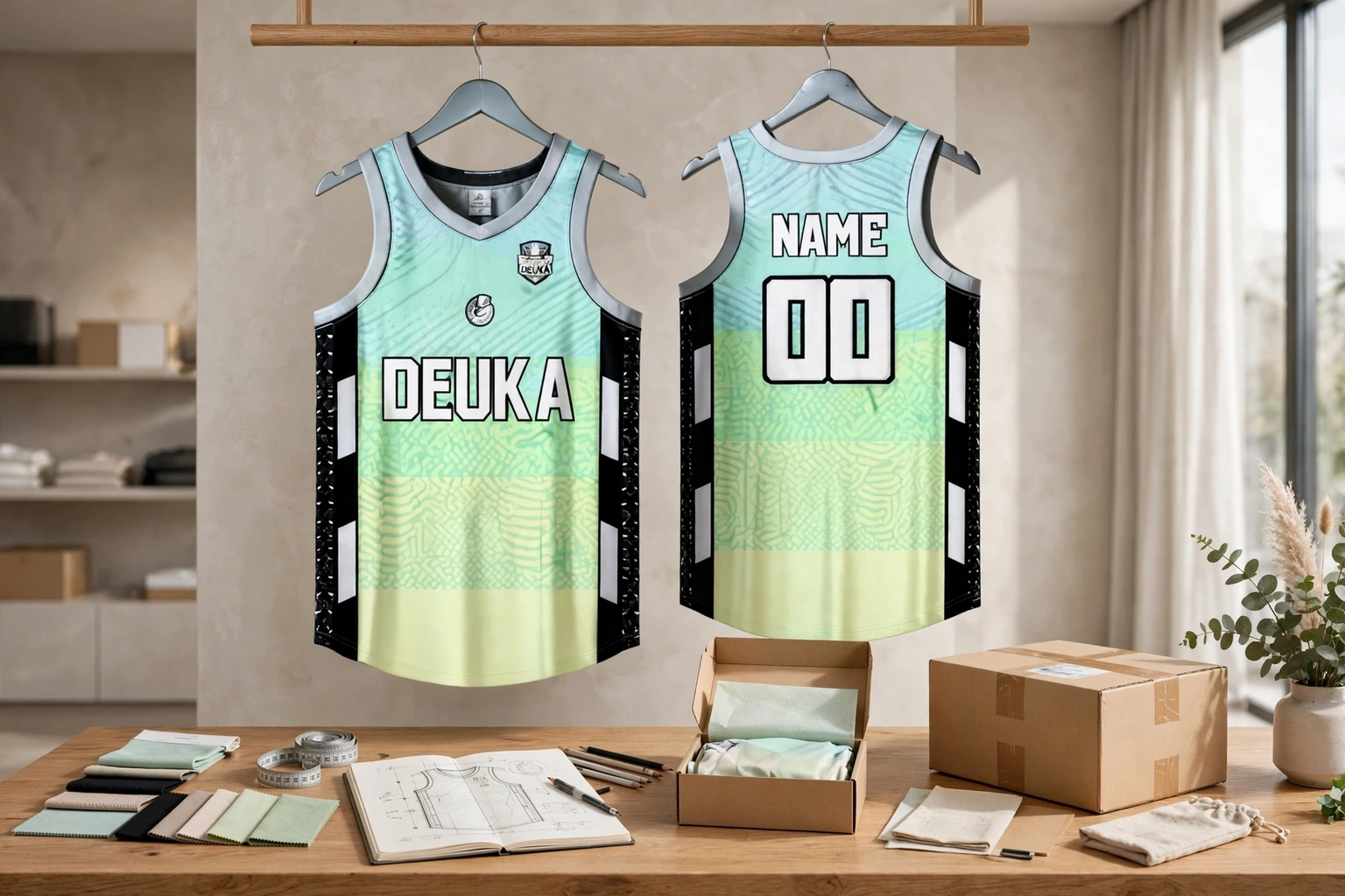 Mint gradient DEUKA basketball jerseys in retail brand showroom with design sketches fabric swatches and packaged boxes showing end-to-end customization