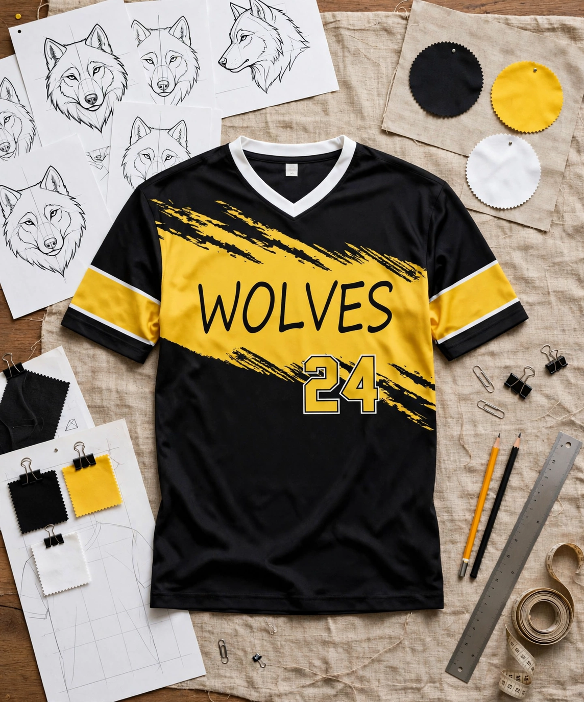 WOLVES 24 jersey flatlay with wolf logos, fabric swatches, specs