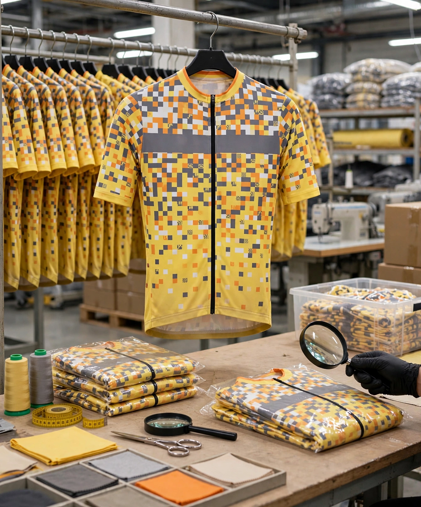 Yellow pixelated DELIKA cycling jersey hanging in factory with rows of bulk jerseys behind, QC table with packed jerseys magnifying glass thread spools measuring tape — mass production timeline quality control 423x509