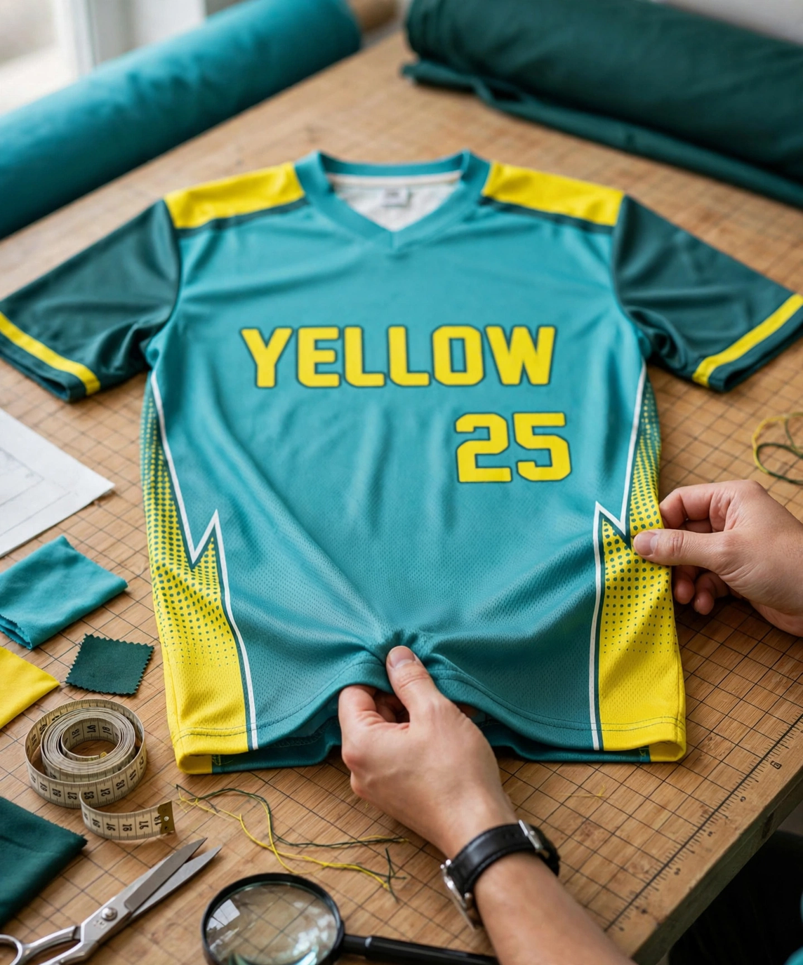 YELLOW 25 teal jersey sample being inspected for fabric and stitching.